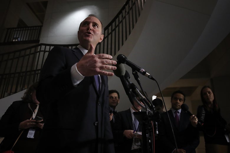 WASHINGTON, DC - FEBRUARY 05: Rep. Adam Schiff (D-CA), ranking member of the House Permanent Select Committee on Intelligence, answers questions following a committee meeting at the U.S. Capitol February 5, 2018 in Washington, DC. The House Permanent Select Committee on Intelligence voted to release the Democratic rebuttal of a memo released last week by their Republican counterparts relating to the committee's investigation of Russian influence in the 2016 U.S. presidential election. (Photo by Win McNamee/Getty Images)